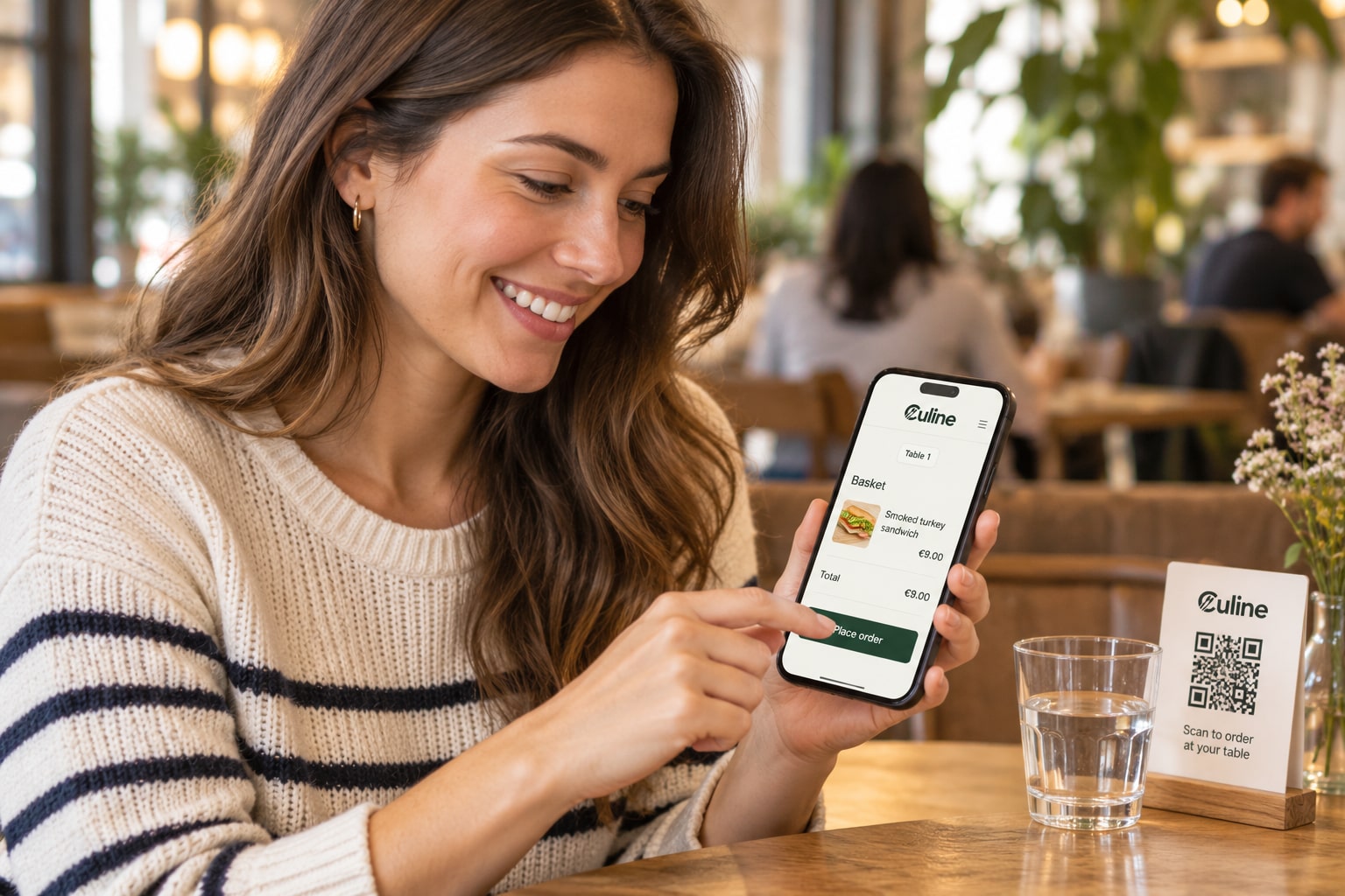 Illustrative Darstellung: Ein lächelnder Gast bestellt am Tisch über das Culine-Menü auf seinem Smartphone